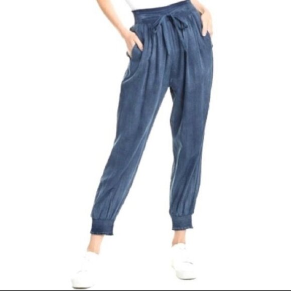 La Vie Rebecca Taylor Tissue Denim Chambray High Rise Tapered Smocked Hem Pant L - Picture 5 of 13